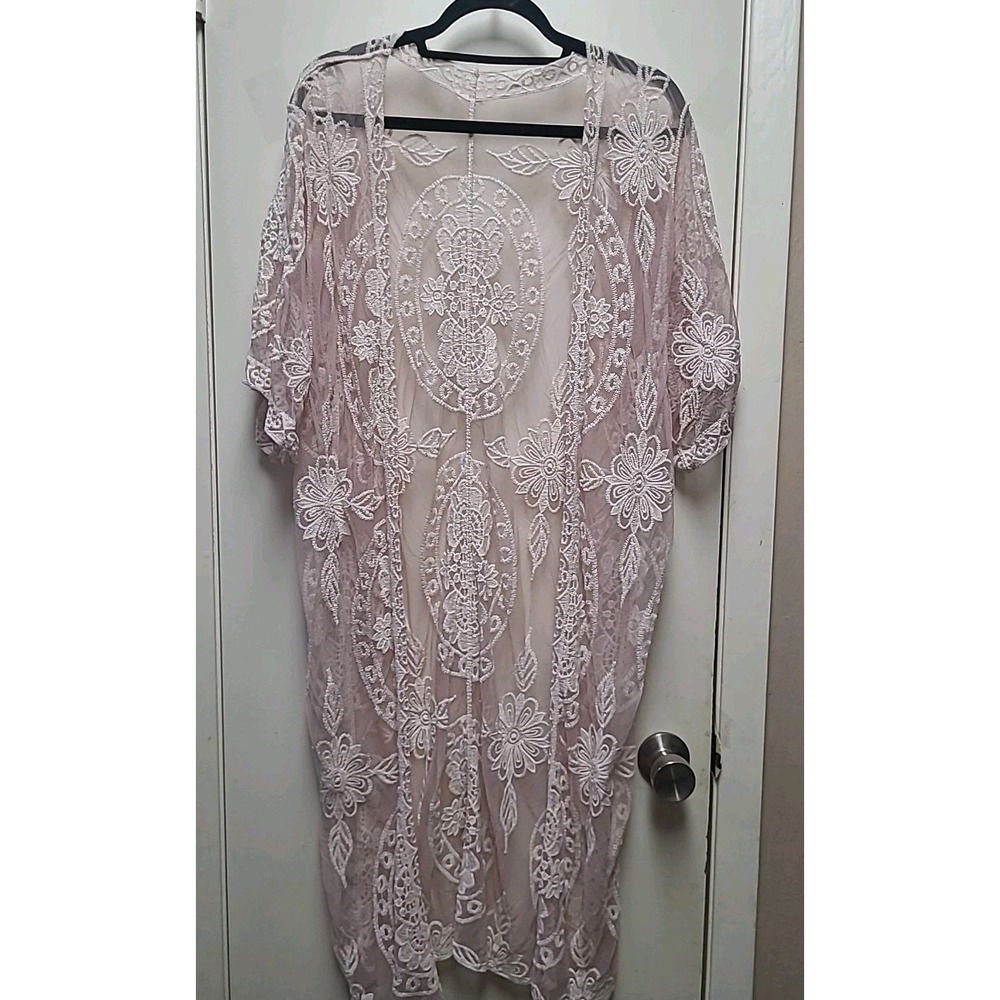 Boho Sheer Embroidered Lace Kimono Cardigan‎ Duster OS Beach coverup Cottagecore